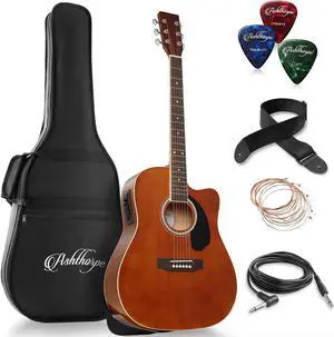Ashthorpe Full-Size Dreadnought Cutaway Acoustic-Electric Guitar Bundle - Premium Tonewoods - Brown