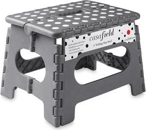 Casafield 9" Folding Step Stool with Handle, Gray - Portable Collapsible Small Plastic Foot Stool for Kids and Adults - Use in the Kitchen, Bathroom and Bedroom