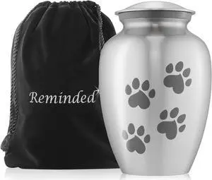 Reminded Pet Cremation Urns for Dog and Cat Ashes, Memorial Paw Print Urn - Small Up to 35 Pounds Silver