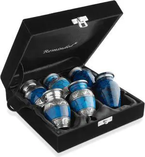 Reminded Small Cremation Urns for Human Ashes, Mini Keepsake Set of 6 Blue and Silver with Velvet Case