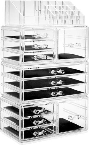 Casafield Acrylic Cosmetic Makeup Organizer & Jewelry Storage Display Case - Large 16 Slot, 2 Box & 9 Drawer Set - Clear