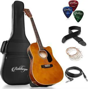 Ashthorpe Full-Size Cutaway Thinline Acoustic-Electric Guitar Package - Premium Tonewoods - Brown