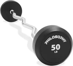Philosophy Gym Rubber Fixed Barbell, 50 LB Pre-Loaded Weight EZ Curl Bar for Strength Training & Weightlifting