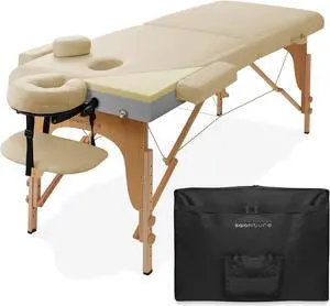 Saloniture Professional Memory Foam Folding Massage Table -  Portable with Carrying Case, Cream