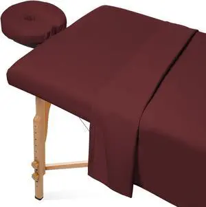 Saloniture 3-Piece Microfiber Massage Table Sheet Set - Premium Facial Bed Cover - Includes Flat and Fitted Sheets with Face Cradle Cover - Burgundy