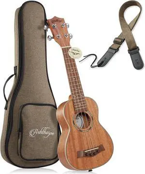 Ashthorpe Soprano Ukulele, Solid Mahogany with Satin Finish - 21-Inch Professional Uke with Aquila Nylgut Strings, Padded Gig Bag, and Strap