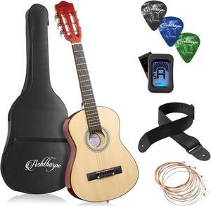 Ashthorpe 30-inch Beginner Acoustic Guitar Package (Natural), Basic Starter Kit w/ Gig Bag, Strings, Strap, Tuner, Picks