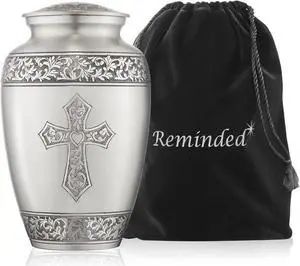 Reminded Adult Cremation Memorial Urn for Human Ashes, Pewter Etched Cross Brass Funeral Urn with Velvet Bag