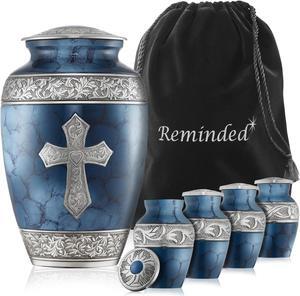 Reminded Set of 5 Engraved  Cross Cremation Urns for Human Ashes - 1 Adult + 4 Keepsake Token Size, Blue