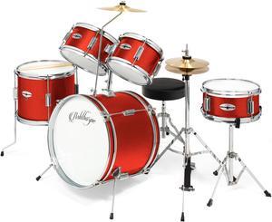 Ashthorpe 5-Piece Complete Junior Drum Set with Genuine Brass Cymbals - Advanced Beginner Kit with 16" Bass, Adjustable Throne, Cymbals, Hi-Hats, Pedals & Drumsticks - Red