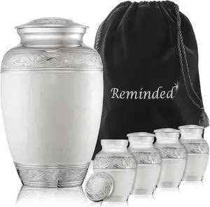 Reminded Set of 5 Decorative Cremation Urns for Human Ashes - 1 Adult + 4 Keepsake Token Size, White