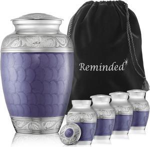 Reminded Set of 5 Etched Cremation Urns for Human Ashes - 1 Adult + 4 Keepsake Token Size, Lavender