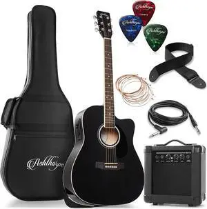 Ashthorpe Full-Size Dreadnought Cutaway Acoustic Electric Guitar Package with 10 Watt Amp - Black