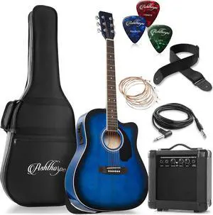 Ashthorpe Full-Size Dreadnought Cutaway Acoustic Electric Guitar Package with 10 Watt Amp - Blue