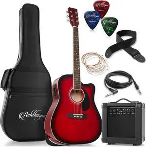 Ashthorpe Full-Size Dreadnought Cutaway Acoustic Electric Guitar Package with 10 Watt Amp - Red