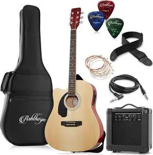Ashthorpe Left Handed Full-Size Dreadnought Cutaway Acoustic Electric Guitar Package with 10 Watt Amp - Natural