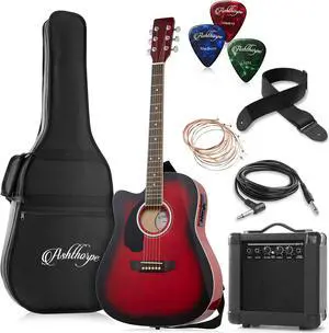 Ashthorpe Left Handed Full-Size Dreadnought Cutaway Acoustic Electric Guitar Package with 10 Watt Amp - Red