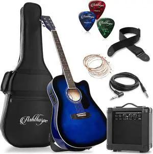 Ashthorpe Full-Size Thinline Cutaway Acoustic Electric Guitar Package with 10 Watt Amp - Blue