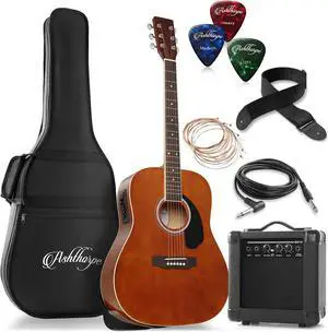 Ashthorpe Full-Size Dreadnought Acoustic Electric Guitar Package with 10 Watt Amp - Brown