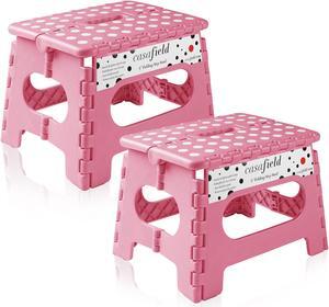 Casafield 9" Folding Step Stool with Handle (Set of 2), Light Pink - Portable Collapsible Small Plastic Foot Stool for Kids and Adults - Use in the Kitchen, Bathroom and Bedroom