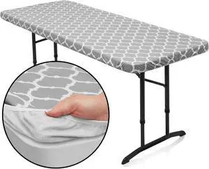 Lann's Linens 72'' x 30'' Vinyl Tablecloth with Flannel Backing, Gray Moroccan - Fitted Waterproof Table Cover for Indoor / Outdoor Use