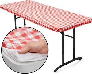 Lann's Linens 72'' x 30'' Vinyl Tablecloth with Flannel Backing, Red Checkered - Fitted Waterproof Table Cover for Indoor / Outdoor Use