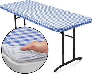 Lann's Linens 72'' x 30'' Vinyl Tablecloth with Flannel Backing, Royal Blue Checkered - Fitted Waterproof Table Cover for Indoor / Outdoor Use