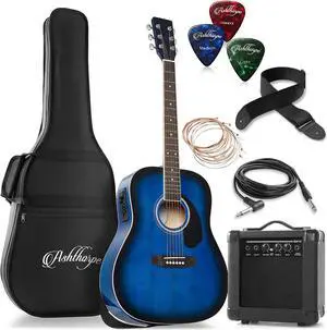 Ashthorpe Full-Size Dreadnought Acoustic Electric Guitar Package with 10 Watt Amp - Blue