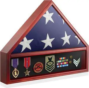Reminded Military Medal & Burial Flag Shadow Box Display Case with Glass Insert, Mahogany