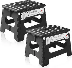 Casafield 9" Folding Step Stool with Handle (Set of 2), Black - Portable Collapsible Small Plastic Foot Stool for Kids and Adults - Use in the Kitchen, Bathroom and Bedroom
