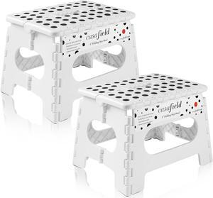 Casafield 9" Folding Step Stool with Handle (Set of 2), White - Portable Collapsible Small Plastic Foot Stool for Kids and Adults - Use in the Kitchen, Bathroom and Bedroom