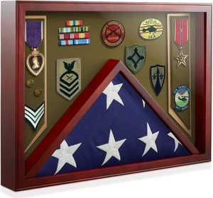 Reminded Military Shadow Box Display Case for Medals & Burial Flag - Solid Wood Cabinet with Army Green Velvet Insert Reminded Military Shadow Box Display Case for Medals & Burial Flag - Solid Wood Cabinet with Army Green Velvet Insert