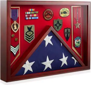 Reminded Military Shadow Box Display Case for Medals & Burial Flag - Solid Wood Cabinet with US Marine Red Velvet Insert Reminded Military Shadow Box Display Case for Medals & Burial Flag - Solid Wood Cabinet with US Marine Red Velvet Insert