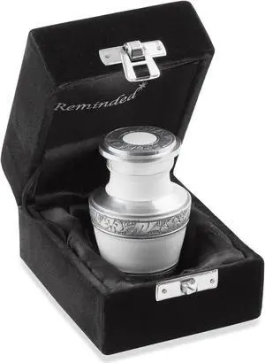 Reminded Small Cremation Memorial Urn for Human Ashes, White and Silver Miniature Keepsake Urn with Velvet Case