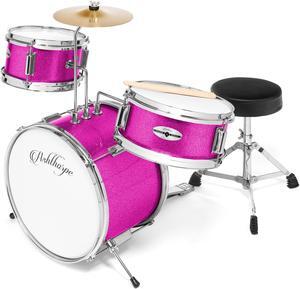 Ashthorpe 3-Piece Complete Drum Set - Beginner Kit with 14" Bass, Adjustable Throne, Cymbal, Pedal & Drumsticks - Pink