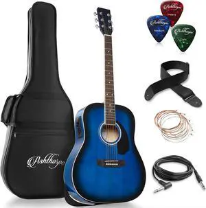 Ashthorpe Full-Size Dreadnought Acoustic-Electric Guitar Bundle - Premium Tonewoods - Blue