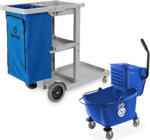 Dryser Commercial Janitorial Cleaning Cart on Wheels with Shelves and Vinyl Bag & Commercial Mop Bucket with Side Press Wringer, 26 Qt. Blue