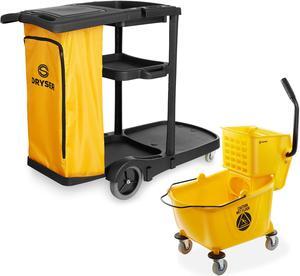Dryser Commercial Janitorial Cleaning Cart on Wheels with Cover, Shelves and Vinyl Bag & Commercial Mop Bucket with Side Press Wringer, 26 Qt. Yellow
