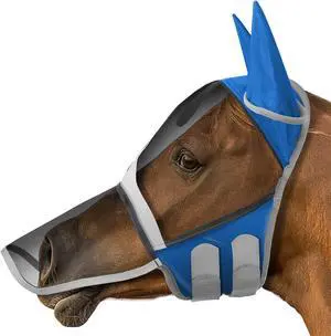 SmithBuilt Comfort Fly Mask with Ears and Long Nose for Horses (Blue, Pony) - Fleece Padding, Fine Mesh, UV Protection