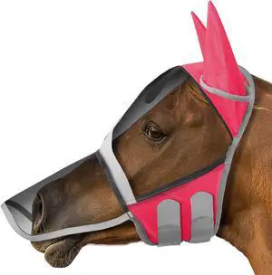 SmithBuilt Comfort Fly Mask with Ears and Long Nose for Horses (Pink, Pony) - Fleece Padding, Fine Mesh, UV Protection