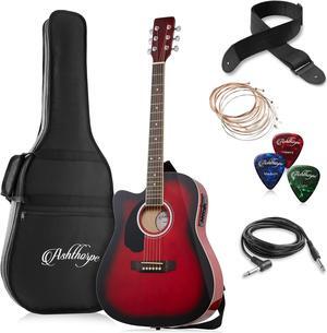 Ashthorpe Full-Size Left-Handed Dreadnought Cutaway Acoustic-Electric Guitar Bundle - Premium Tonewoods - Red