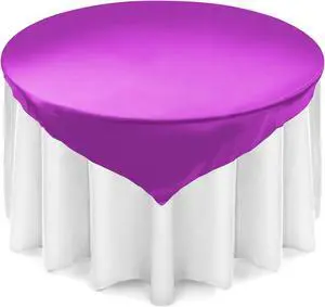 Lann's Linens - 5 Satin Overlay Table Toppers - 72" Square Tablecloth Covers for Wedding, Reception or Party - Purple