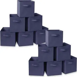 Casafield Set of 12 Collapsible Fabric Cube Storage Bins, Navy Blue - 11" Foldable Cloth Baskets for Shelves, Cubby Organizers & More