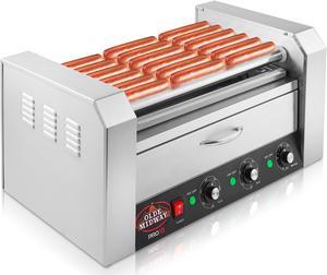 Olde Midway Electric 18 Hot Dog 7 Roller Grill Cooker Machine with Bun Warming Drawer - Commercial Grade, Stainless Steel