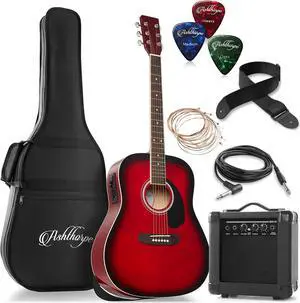 Ashthorpe Full-Size Dreadnought Acoustic Electric Guitar Package with 10 Watt Amp - Red