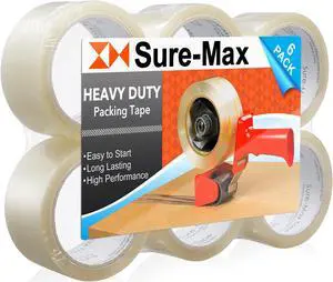 Sure-Max 6 Rolls Heavy-Duty Shipping & Packing Tape (2" x 60 yard/180' each) - Moving & Adhesive Carton Sealing - 2.7mil Clear