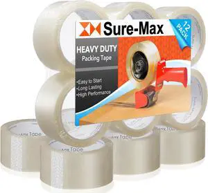 Sure-Max 12 Rolls Heavy-Duty Shipping & Packing Tape (2" x 60 yard/180' each) - Moving & Adhesive Carton Sealing - 2.7mil Clear