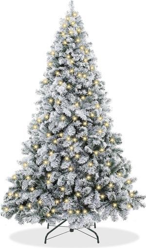 Casafield 6FT Pre-Lit Realistic Snow-Flocked Pine Artificial Holiday Christmas Tree with Sturdy Metal Stand