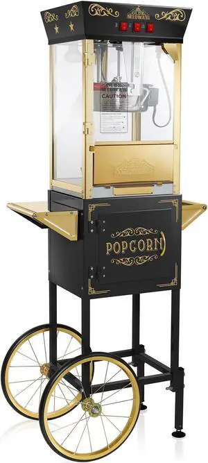 Olde Midway Movie Theater-Style Popcorn Machine Maker with Cart and 8-Ounce Kettle - Black, Vintage-Style Popper on Wheels