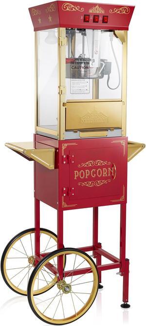 Olde Midway Movie Theater-Style Popcorn Machine Maker with Cart and 8-Ounce Kettle - Red, Vintage-Style Popper on Wheels